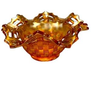 Fenton Carnival Glass bowl, basket weave open lace ruffled edge. Vintage